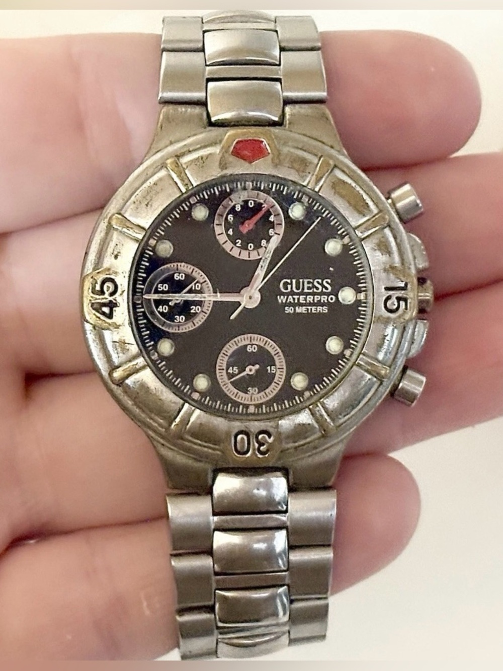 Vintage Men’s Guess Waterpro Chronograph Black Multi-Dial Designer Steel Watch